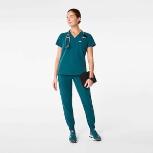 FIGS Catarina One Pocket Scrub Top Women M Caribbean Teal Blue Medical Uniform